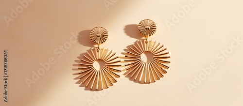 Gold handmade earrings in a circular fan design arranged flatly on a soft beige background with gentle sunlight shadows highlighting their texture. photo