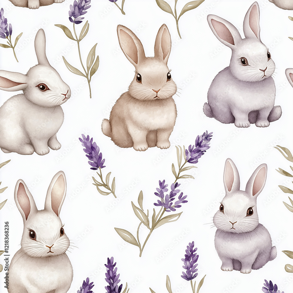 Fototapeta premium Watercolor drawing of a rabbit and lavender theme on a white background.