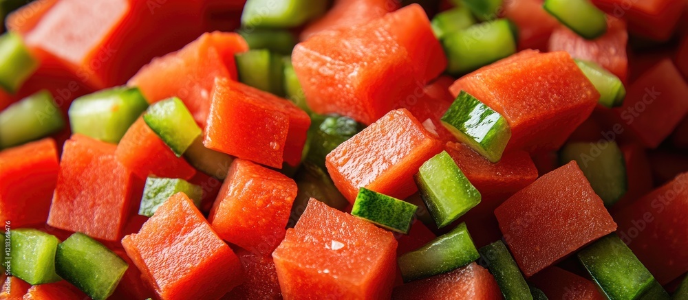 Diced red and green paprika cubes harmoniously arranged with a vibrant mix of greens showcasing a fresh and flavorful culinary presentation Diced red and green paprika cubes harmoniously arranged with a vibrant mix of greens showcasing a fresh and flavorful culinary presentation