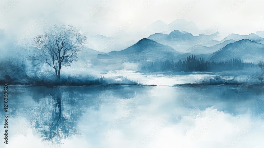 Fototapeta premium Serene Blue Mountain Lake Landscape With Lone Tree
