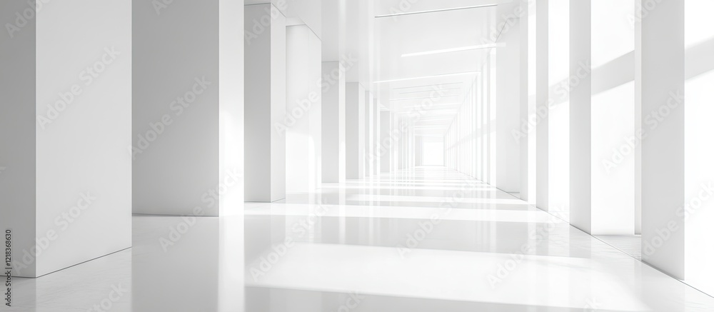 Obraz premium Minimalist interior corridor with white walls, polished floors, and ample natural light creating an airy and modern atmosphere.