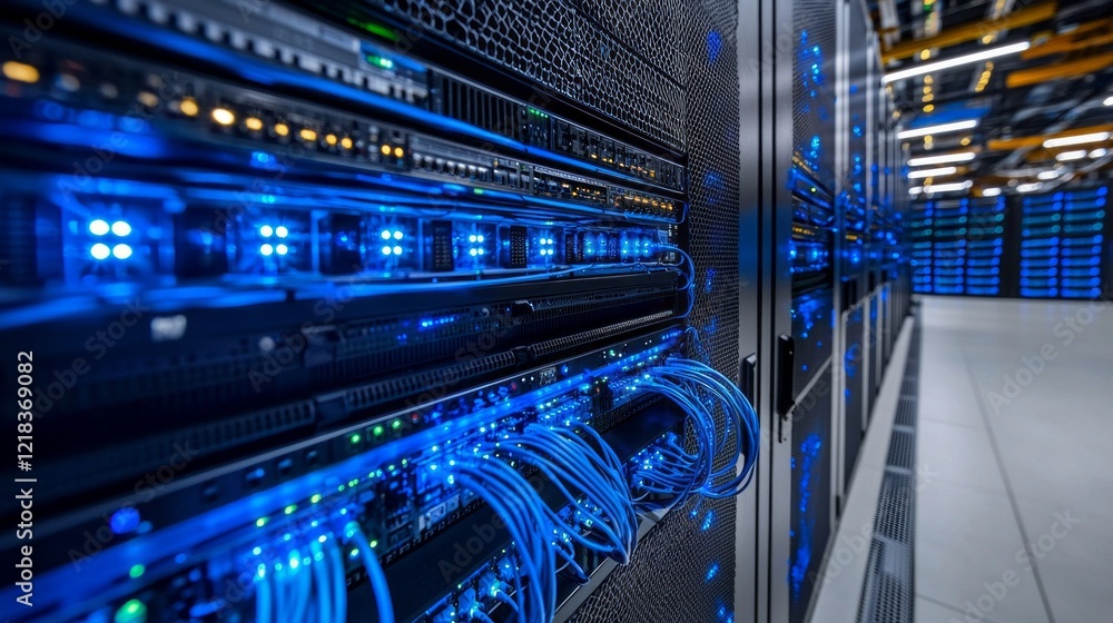 A captivating display of intertwined blue and white networks fills a sleek server room, where sophisticated technology facilitates rapid data transfer and communication A captivating display of intertwined blue and white networks fills a sleek server room, where sophisticated technology facilitates rapid data transfer and communication