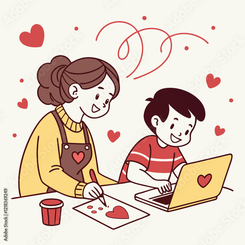 Valentine day girl and boy working