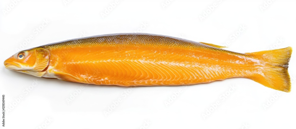 Vibrant orange whole salmon fish displayed on a clean white background highlighting its smooth texture and natural sheen for culinary presentations Vibrant orange whole salmon fish displayed on a clean white background highlighting its smooth texture and natural sheen for culinary presentations