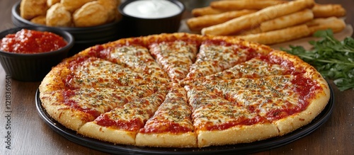 Appetizing pizza with melted cheese and herbs on top, surrounded by fresh breadsticks, rich tomato sauce, and golden-brown garlic knots on a black plate. photo