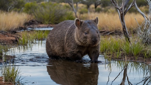 Northern Hairy-Nosed Wombat at the Waterhole: A Moment of Calm