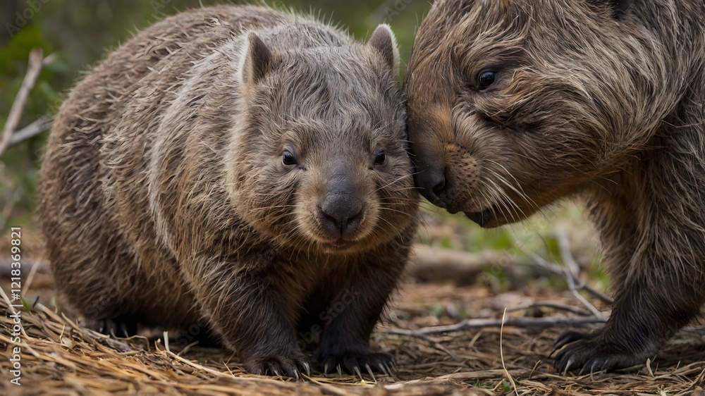 Mother Northern Hairy-Nosed Wombat with Baby: A Tender Moment Mother Northern Hairy-Nosed Wombat with Baby: A Tender Moment