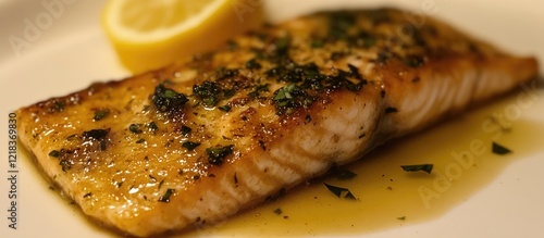 Golden brown pan-fried salmon fillet garnished with herbs and a lemon wedge on a pristine white plate with a glossy sauce backdrop. photo