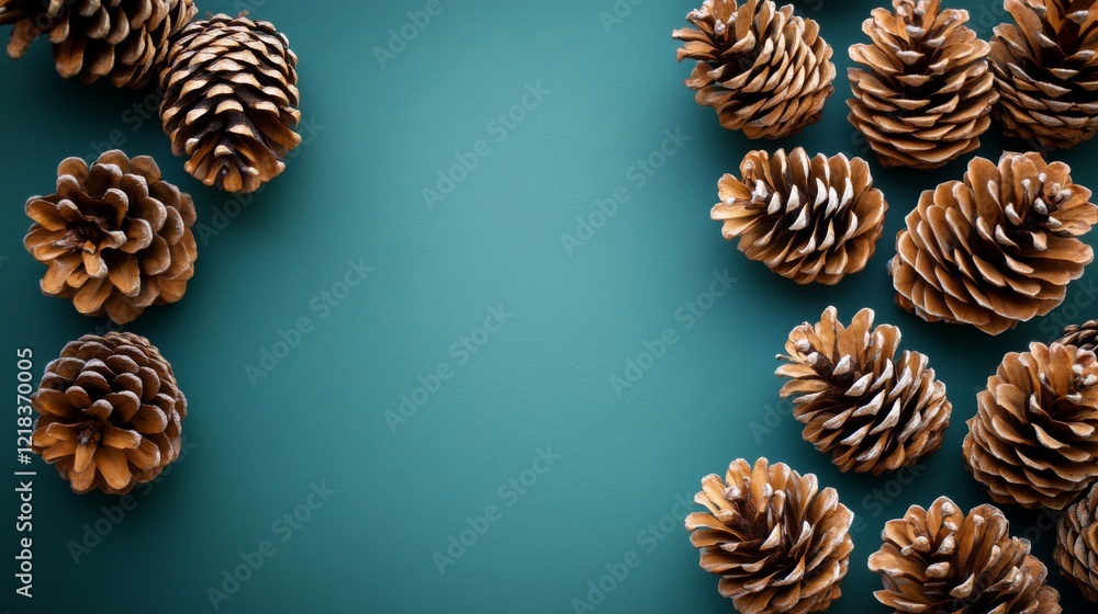 Pine Cones Arranged On A Teal Background Pine Cones Arranged On A Teal Background