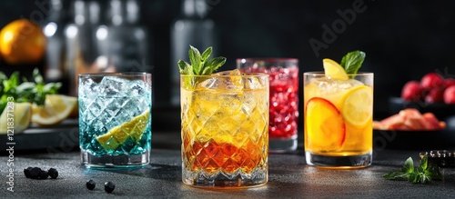 Colorful assortment of mocktail cocktails including a vibrant yellow drink served in a clear craft glass with ice and garnished with mint on a dark background photo