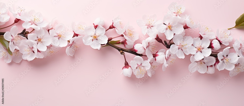 Delicate white cherry blossom branch with soft pink blooms arranged on a gentle pastel pink background ideal for inspirational text placement. Delicate white cherry blossom branch with soft pink blooms arranged on a gentle pastel pink background ideal for inspirational text placement.