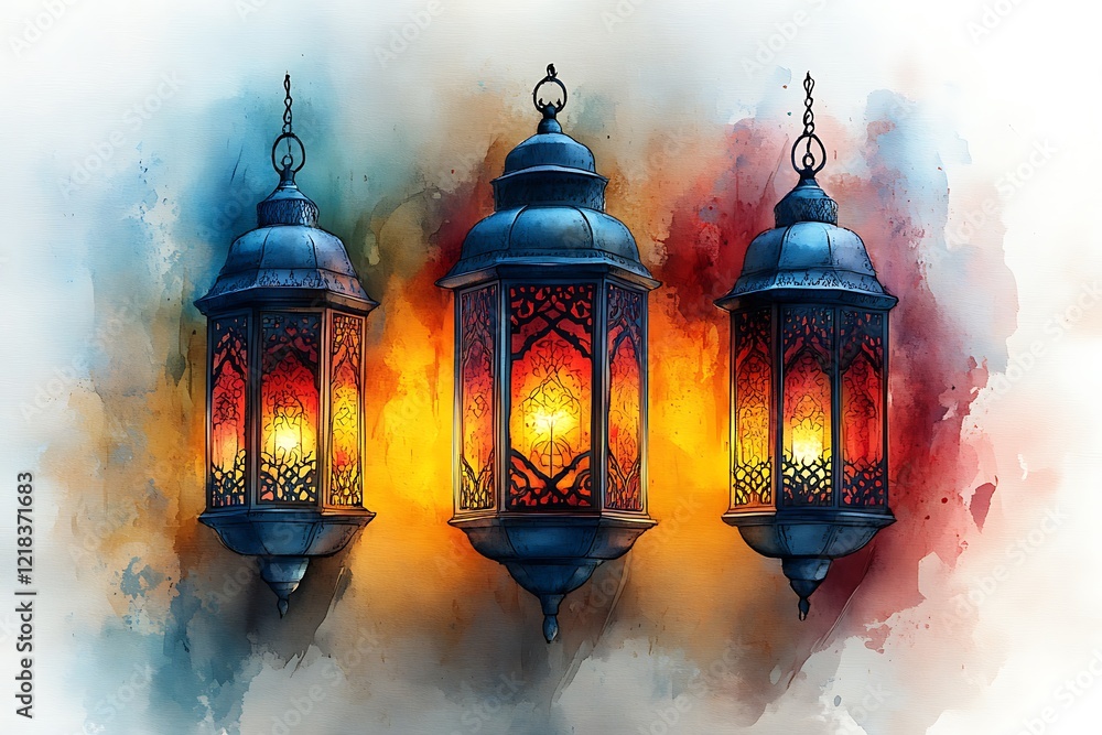 Fototapeta premium Watercolor illustration of many hanging lanterns, glowing warmly. Ramadan, Eid and holy day concept 