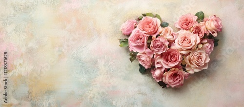 Floral heart made of pink roses positioned on the right side against a soft pastel background perfect for romantic messaging and decoration