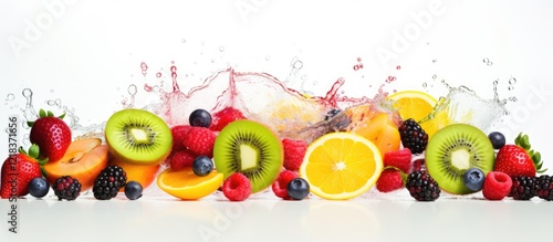 Fototapeta Naklejka Na Ścianę i Meble -  Fresh mixed fruits splashing on white background with vibrant strawberries, blueberries, kiwis, and citrus creating a colorful, lively arrangement.