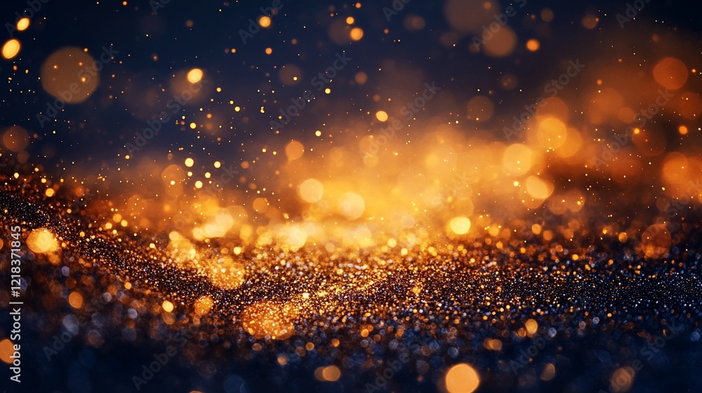 Naklejka premium Abstract golden bokeh with dark blue background, sparkling light effect for festive celebrations