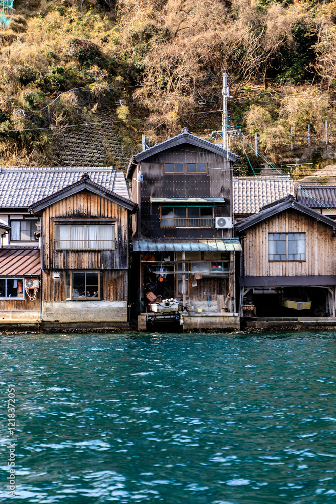 Traditional Japanese Boat Houses Along the Waterfront of Ine Bay, Kyoto, Japan Traditional Japanese Boat Houses Along the Waterfront of Ine Bay, Kyoto, Japan