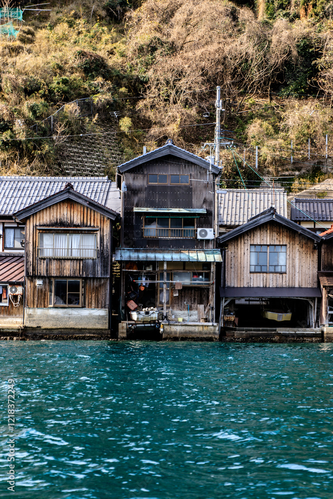 Traditional Japanese Boat Houses Along the Waterfront of Ine Bay, Kyoto, Japan Traditional Japanese Boat Houses Along the Waterfront of Ine Bay, Kyoto, Japan