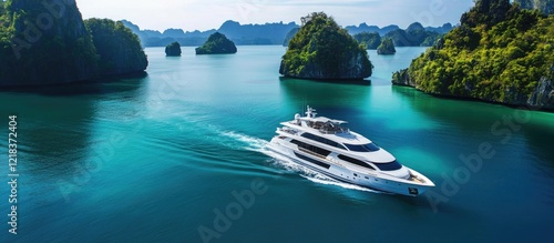 Luxurious white yacht cruising through turquoise waters surrounded by lush green islands under a clear blue sky with distant mountains in the background.