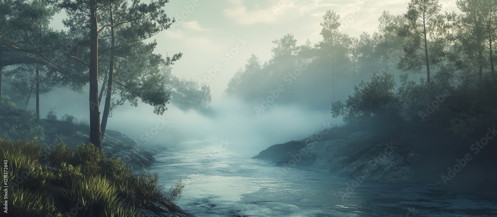 Misty river landscape at dawn with soft blue and green tones, serene water reflecting surrounding trees and fog in tranquil forest setting. Misty river landscape at dawn with soft blue and green tones, serene water reflecting surrounding trees and fog in tranquil forest setting.