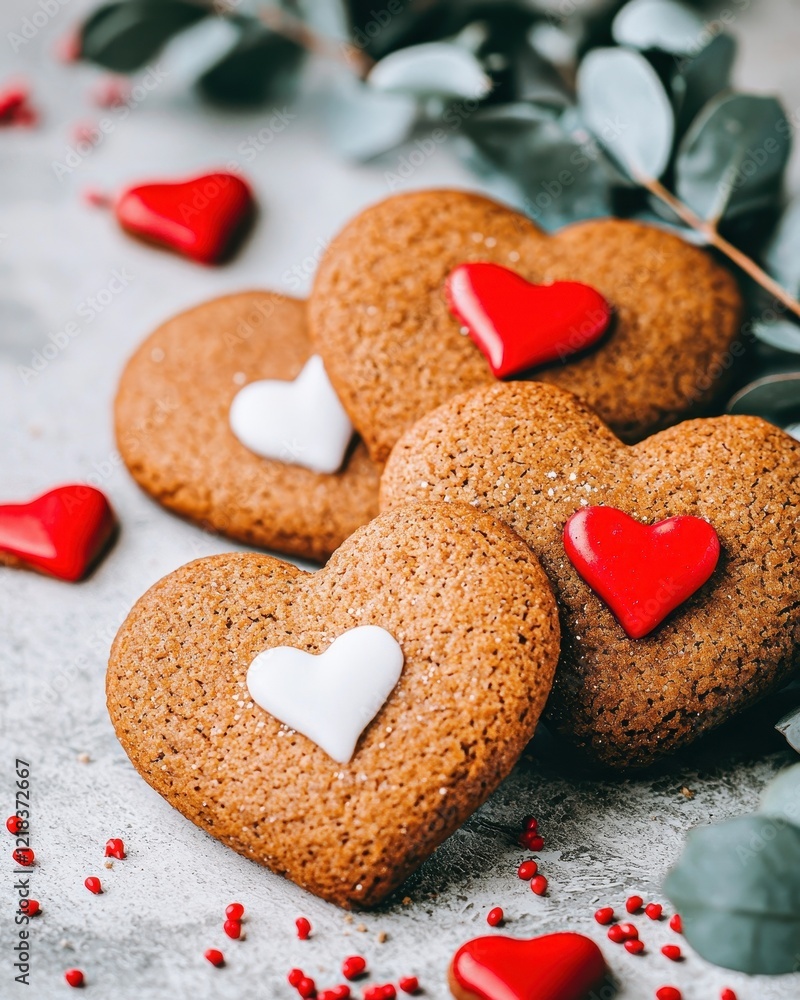 Obraz premium Delicious Heart Shaped Gingerbread Cookies with Red and White Icing for Valentine s Day