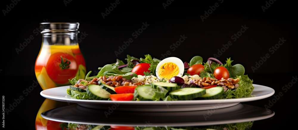 Healthy fitness meal featuring a vibrant salad with cherry tomatoes, cucumber, and boiled egg on a white plate alongside a colorful drink in a glass against a black background. Healthy fitness meal featuring a vibrant salad with cherry tomatoes, cucumber, and boiled egg on a white plate alongside a colorful drink in a glass against a black background.