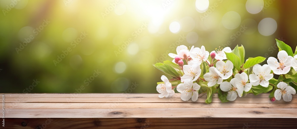 Spring blossom branch with white flowers on rustic wooden table top against a blurred green background with soft sunlight and bokeh effect.