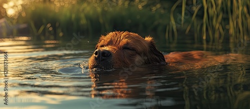 Golden retriever swimming in a tranquil lake at sunset with soft orange and green hues reflected in calm water surrounded by tall grass. photo