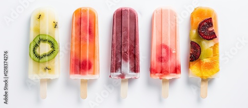 Five colorful fruit popsicles in vibrant shades of green, red, pink, and orange arranged in a row on a bright white background, showcasing fresh fruit slices. photo