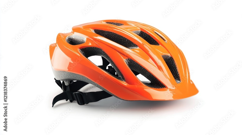 Fototapeta premium Orange bicycle helmet, safety gear, white background, studio shot, cycling equipment