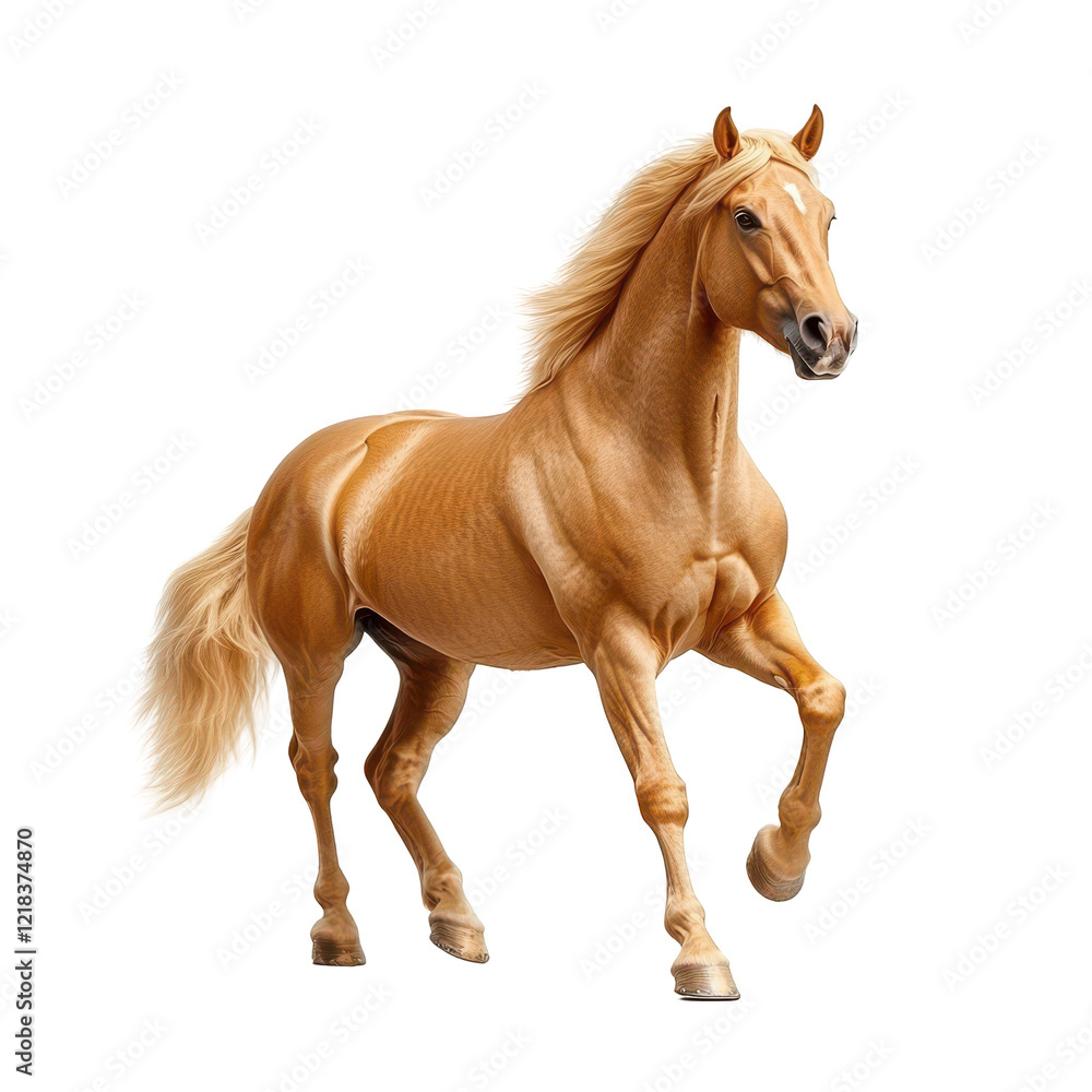 Naklejka premium Majestic Palomino Horse in Motion Elegant Golden Coat Powerful Stride