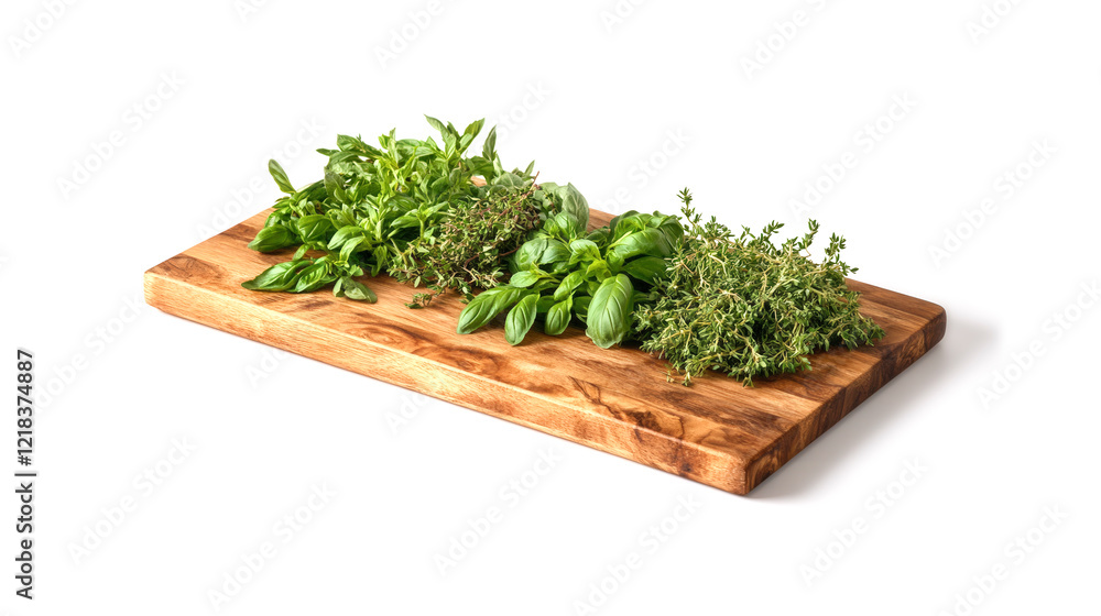 Fresh green herbs on a wooden chopping board Fresh green herbs on a wooden chopping board
