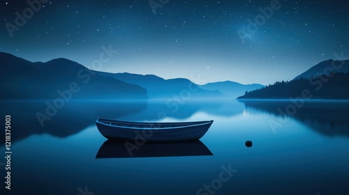 Serene Night: A Boat on a Calm Lake Under a Starry Sky