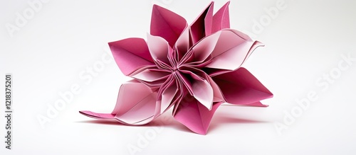 Exotic pink and white origami flower against a clean white background showcasing intricate folding and elegant design in a lateral position. photo