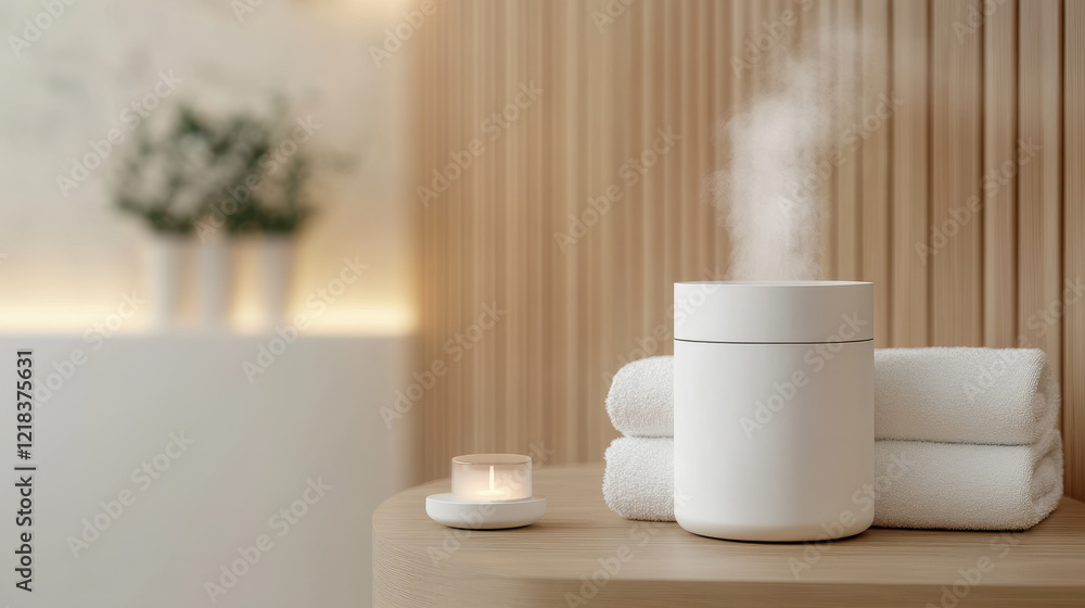 relaxing spa setting featuring ultrasonic facial steamer, towels, and candle