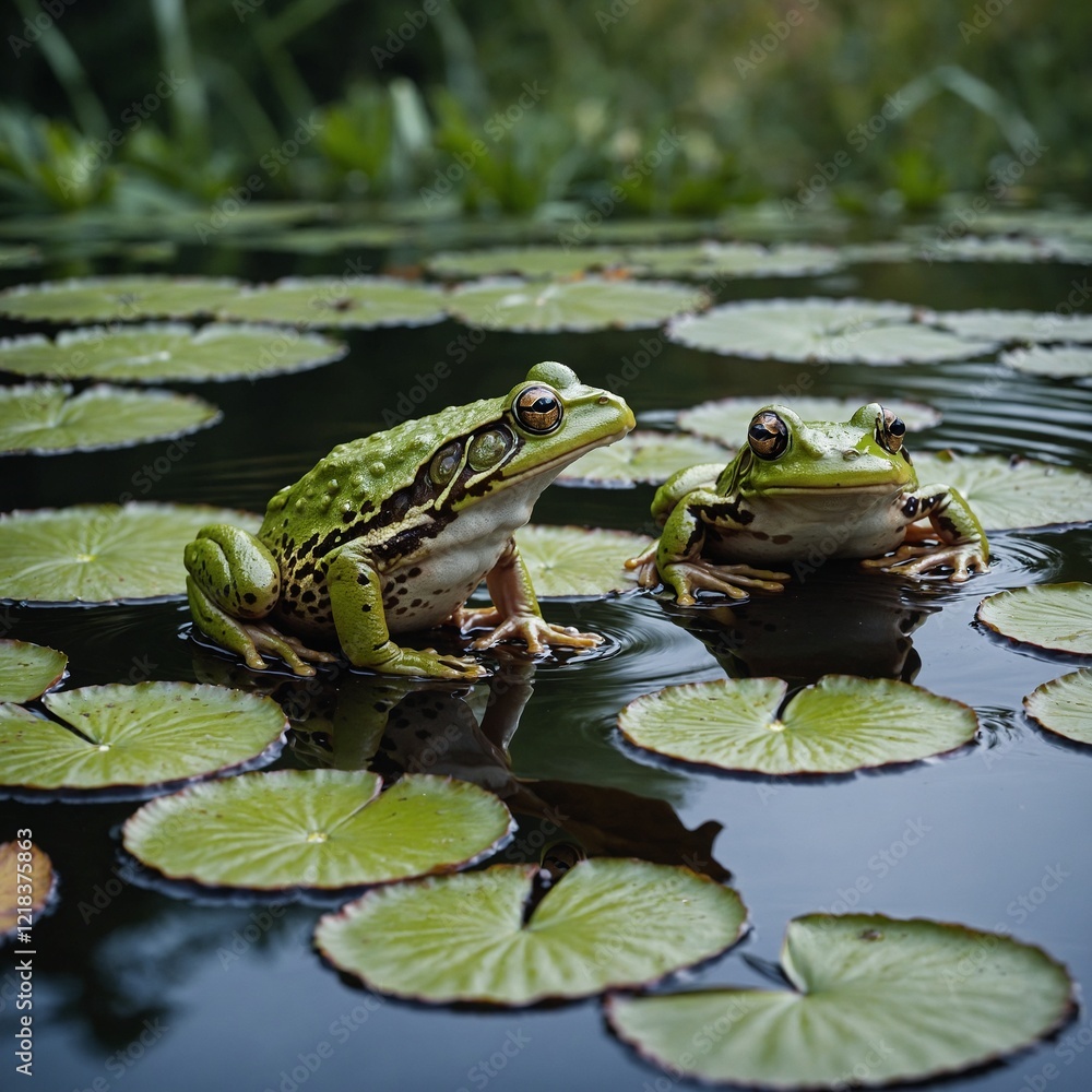 A pair of frogs leaping across lily pads in a calm pond. A pair of frogs leaping across lily pads in a calm pond.