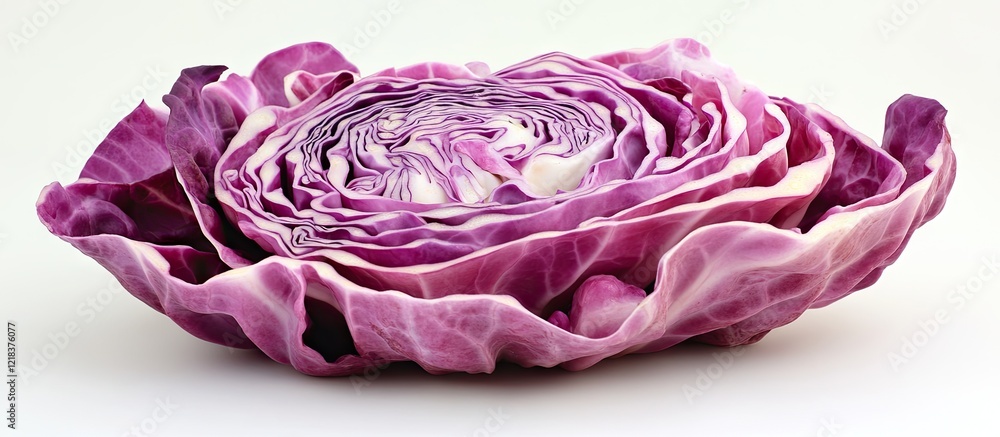 Obraz premium Vibrant purple cabbage isolated on a white background showcasing intricate layers and textures, highlighting the freshness and appeal of vegetables.
