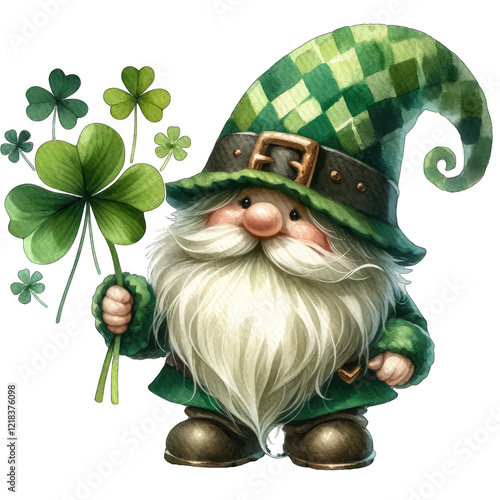 Charming St Patrick's Day Gnome Illustration, Cute Leprechaun Holding Shamrocks, Festive Irish Holiday Digital Art, Green Hat and Beard, Spring Holiday Character, Whimsical Gnome Image, Perfect for