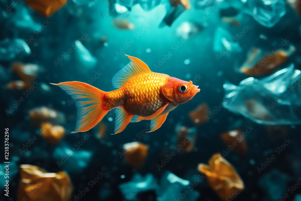 Fototapeta premium A striking image of a goldfish navigating through plastic debris highlighting ocean pollution.