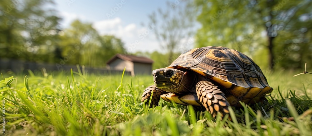 Fototapeta premium Eastern Hermann's tortoise Testudo hermanni boettgeri on vibrant green lawn under soft sunlight with blurred trees and house in the background