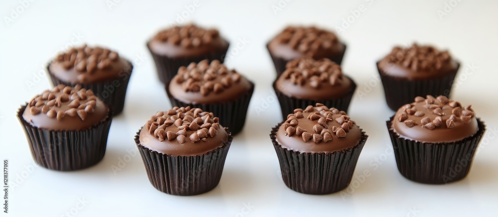 Mini chocolate cupcakes arranged in two rows with rich chocolate frosting and sprinkles on top against a smooth white background ideal for celebrations Mini chocolate cupcakes arranged in two rows with rich chocolate frosting and sprinkles on top against a smooth white background ideal for celebrations