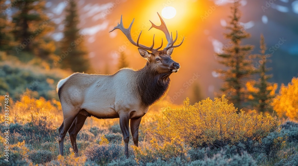 custom made wallpaper toronto digitalMajestic bull elk at sunset in autumnal mountain landscape.