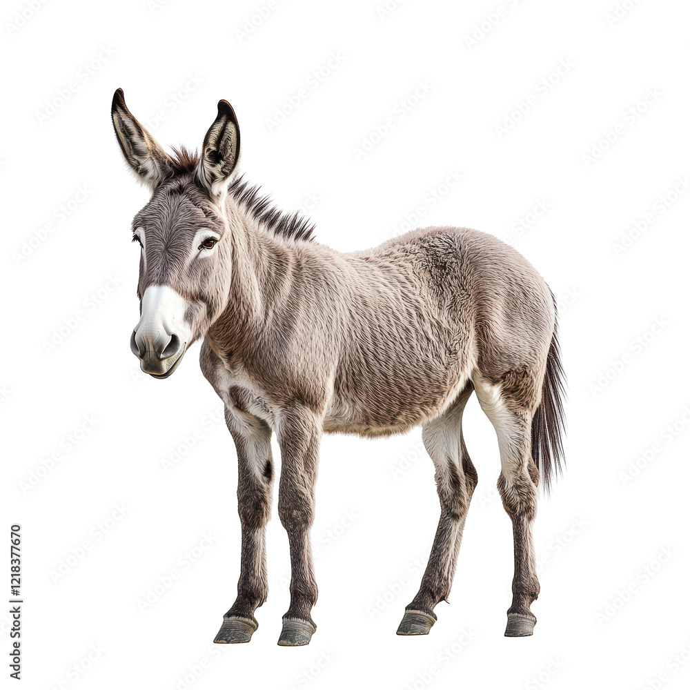 A young donkey stands against a black background showing its gray coat and long ears, A young donkey stands against a black background showing its gray coat and long ears,