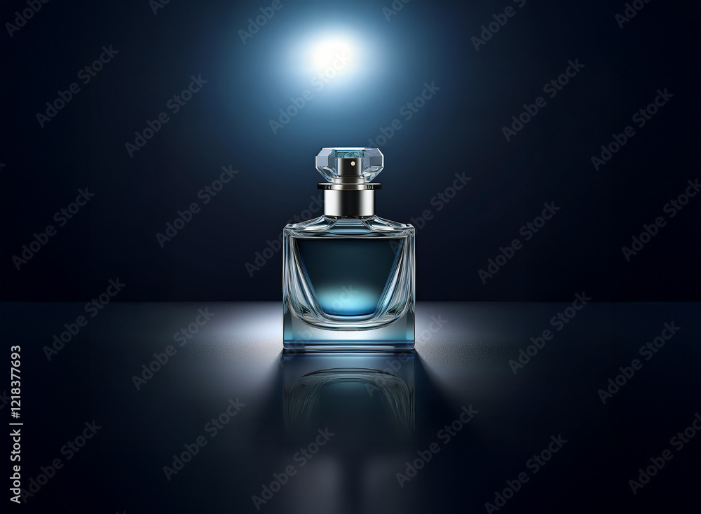 Elegant square perfume bottle, deep blue hue, reflecting on dark surface. Spotlit, suggesting luxury. Perfect gift for Chinese New Year Fairs 2025. Elegant square perfume bottle, deep blue hue, reflecting on dark surface. Spotlit, suggesting luxury. Perfect gift for Chinese New Year Fairs 2025.
