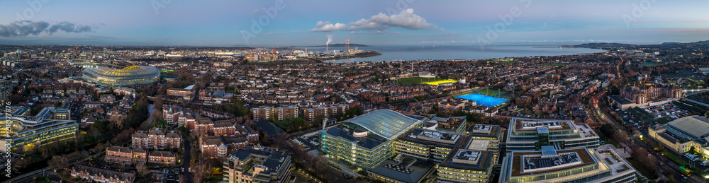 Fototapeta premium Panoramic, aerial view of Ballsbridge at sunset with Aviva Stadium , Dublin, Ireland