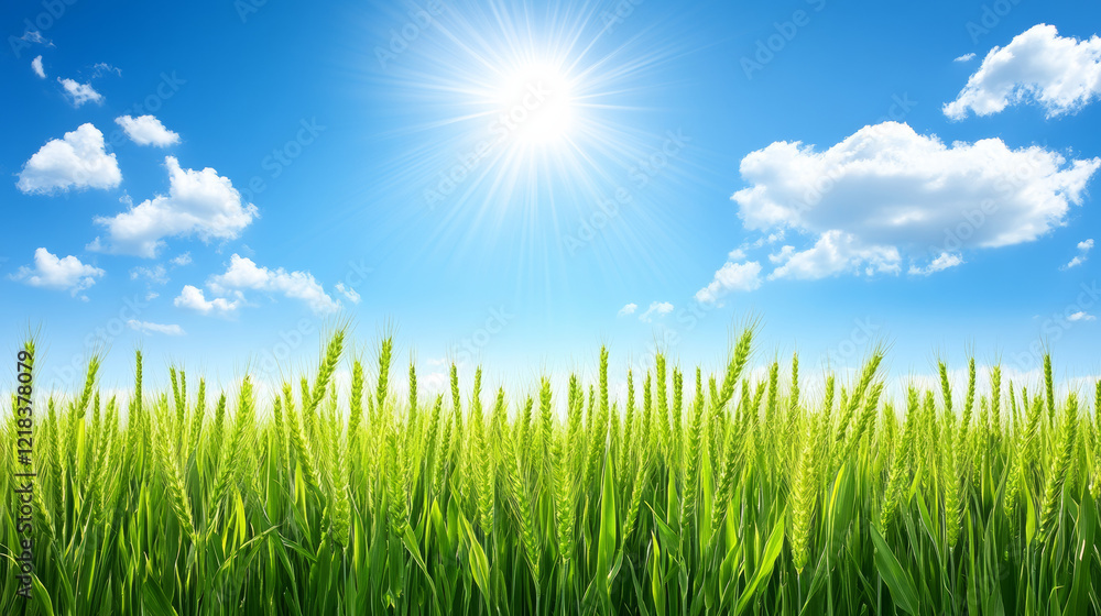 Lush green field under bright sun and blue sky Lush green field under bright sun and blue sky