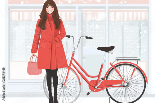 Woman in red coat with bicycle in snowy city photo