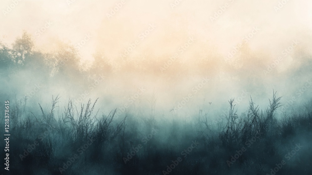 Misty Morning Field With Silhouetted Trees and Grass