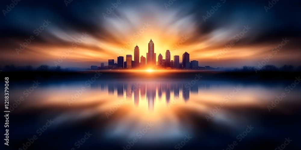 Obraz premium A skyline silhouette at sunset, reflecting in calm water, surrounded by dramatic clouds and hues of orange and blue. Concept Skyline Silhouette, Sunset Reflections, Dramatic Clouds