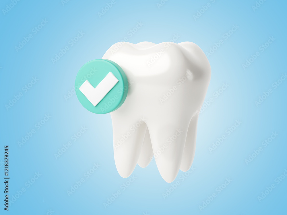 White tooth with a check mark in a green circle. blue background. 3d render White tooth with a check mark in a green circle. blue background. 3d render