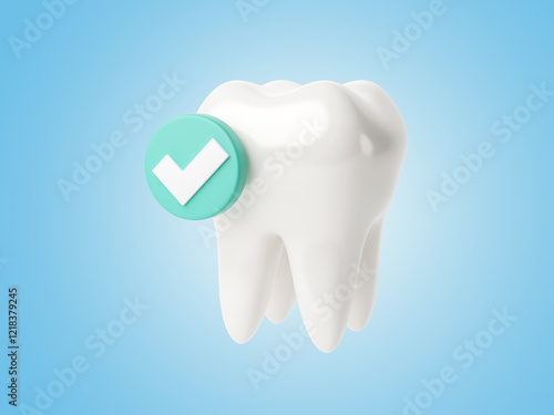 White tooth with a check mark in a green circle. blue background. 3d render